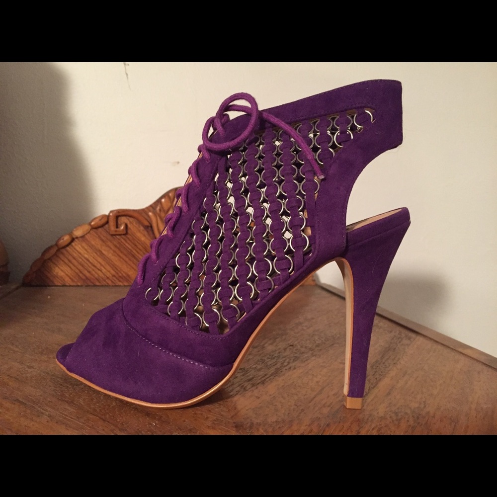 Purple suede vegan heels.